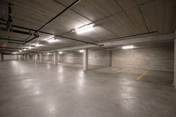 Underground parking garage with yellow striping